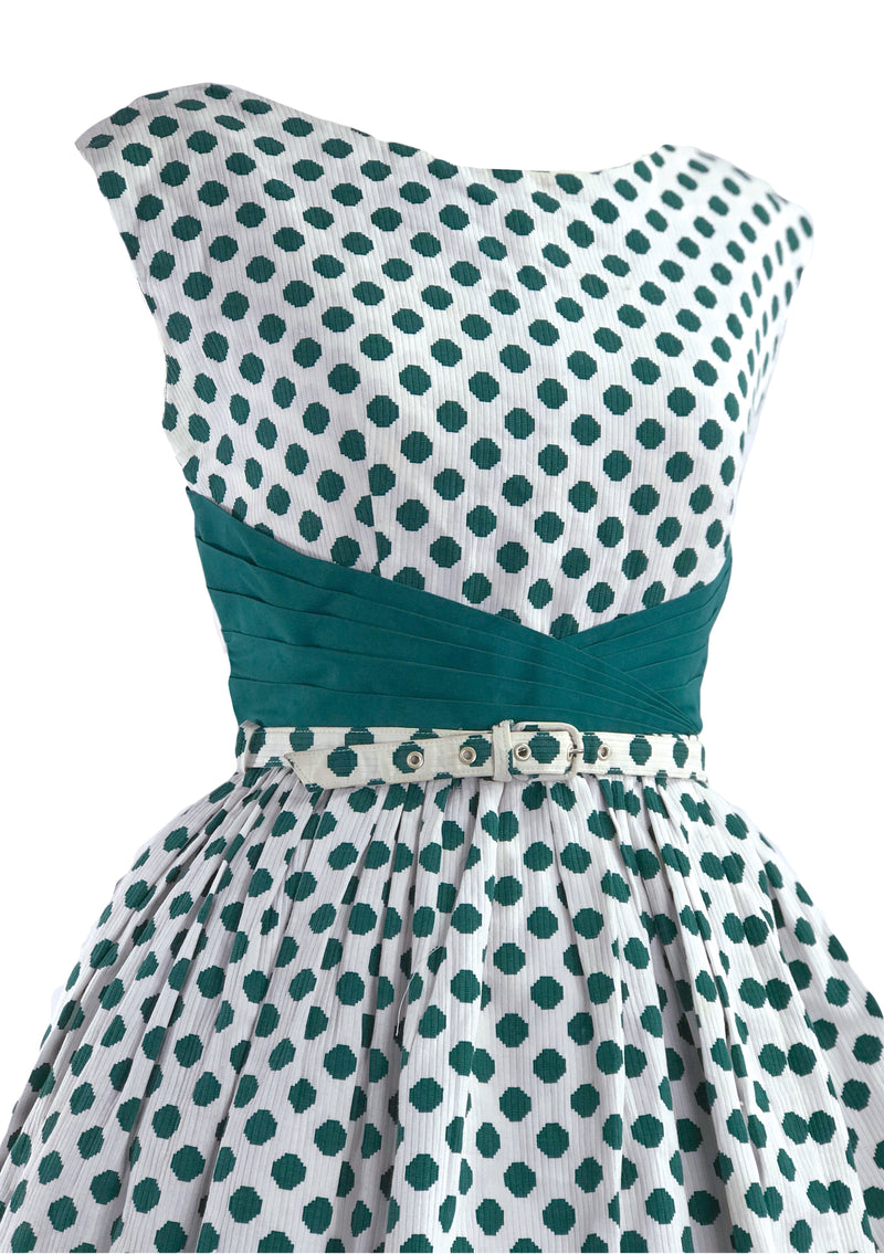 Vintage 1950s Green Polka Dot Pique Cotton Dress - NEW!