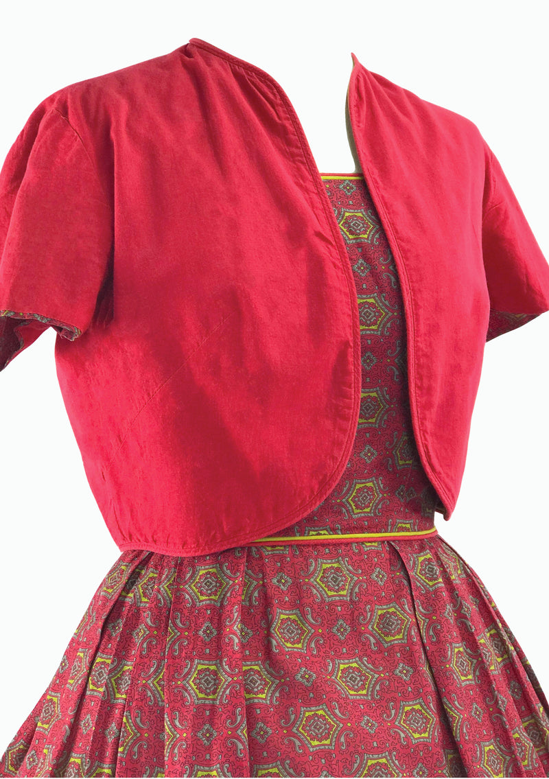 Vintage 1950s Red Medallion Print Dress Ensemble- New!