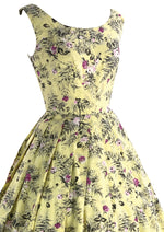 1950s Creamy Buttercup Yellow Cotton Dress with Rose Print- New!