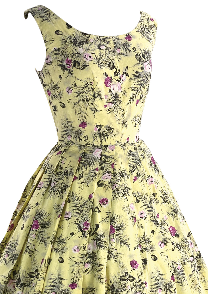 1950s Creamy Buttercup Yellow Cotton Dress with Rose Print- New!