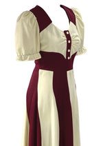 Vintage 1970s Burgundy & Cream Colour Block Maxi Dress - NEW!