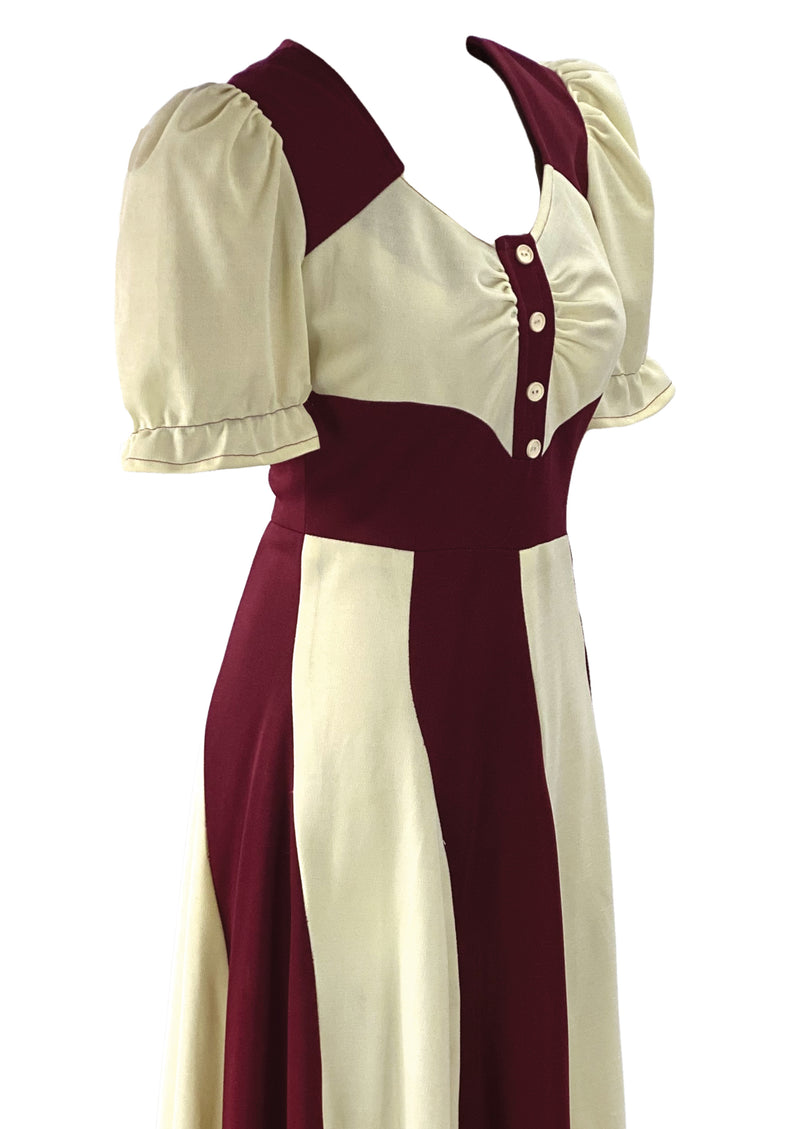 Vintage 1970s Burgundy & Cream Colour Block Maxi Dress - NEW!