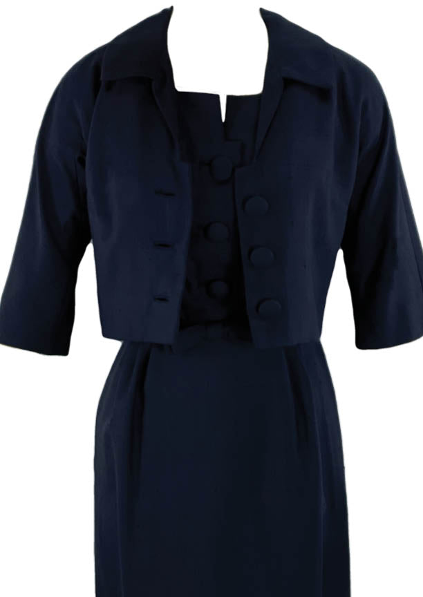 1950s Designer Navy Blue Silk Ensemble - New!