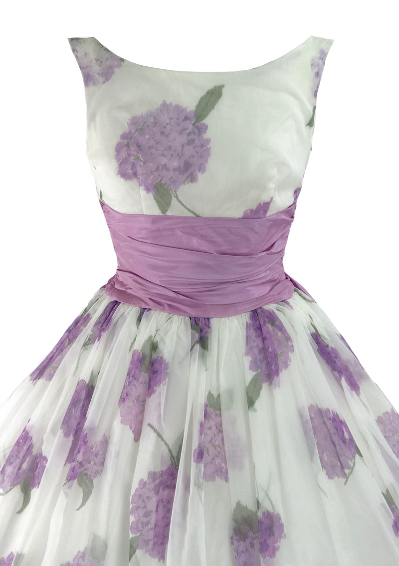 Spectacular 1950s Lilac Hydrangeas Chiffon Party Dress - New!