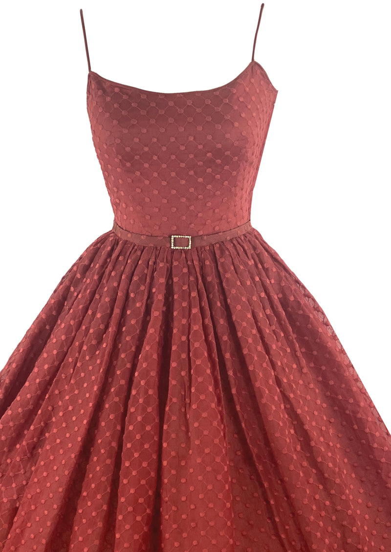 Late 1950s Garnet Coloured Dotted Swiss Fabric Dress- NEW!