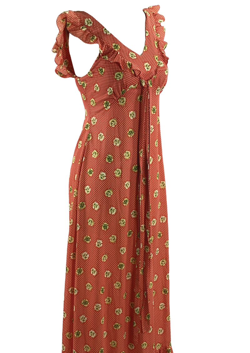 1970s Rose Print Maxi Dress with Frills