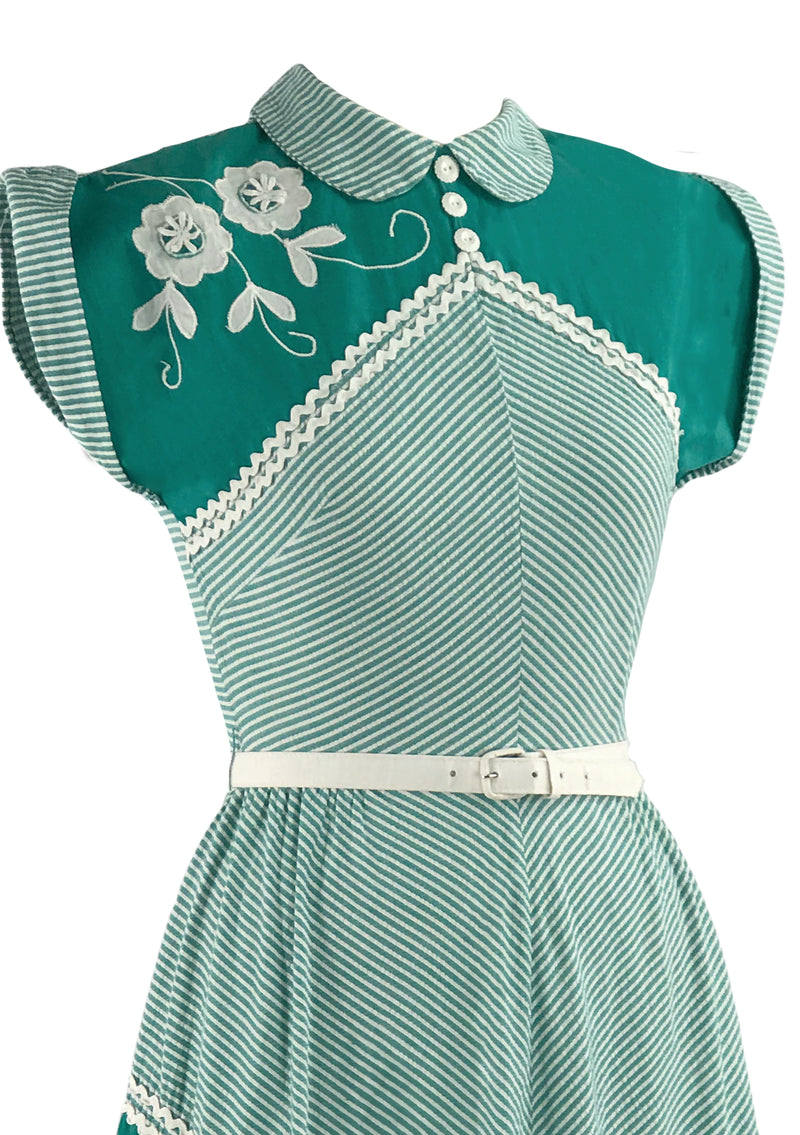 1940s Green & White Chevron Stripe Dress with Applique - New!