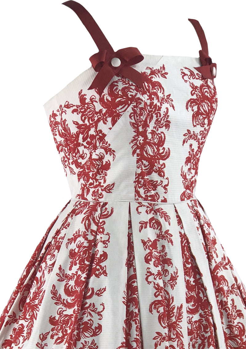 Vintage 1950s Red & White Scroll Textured Cotton Dress- New!