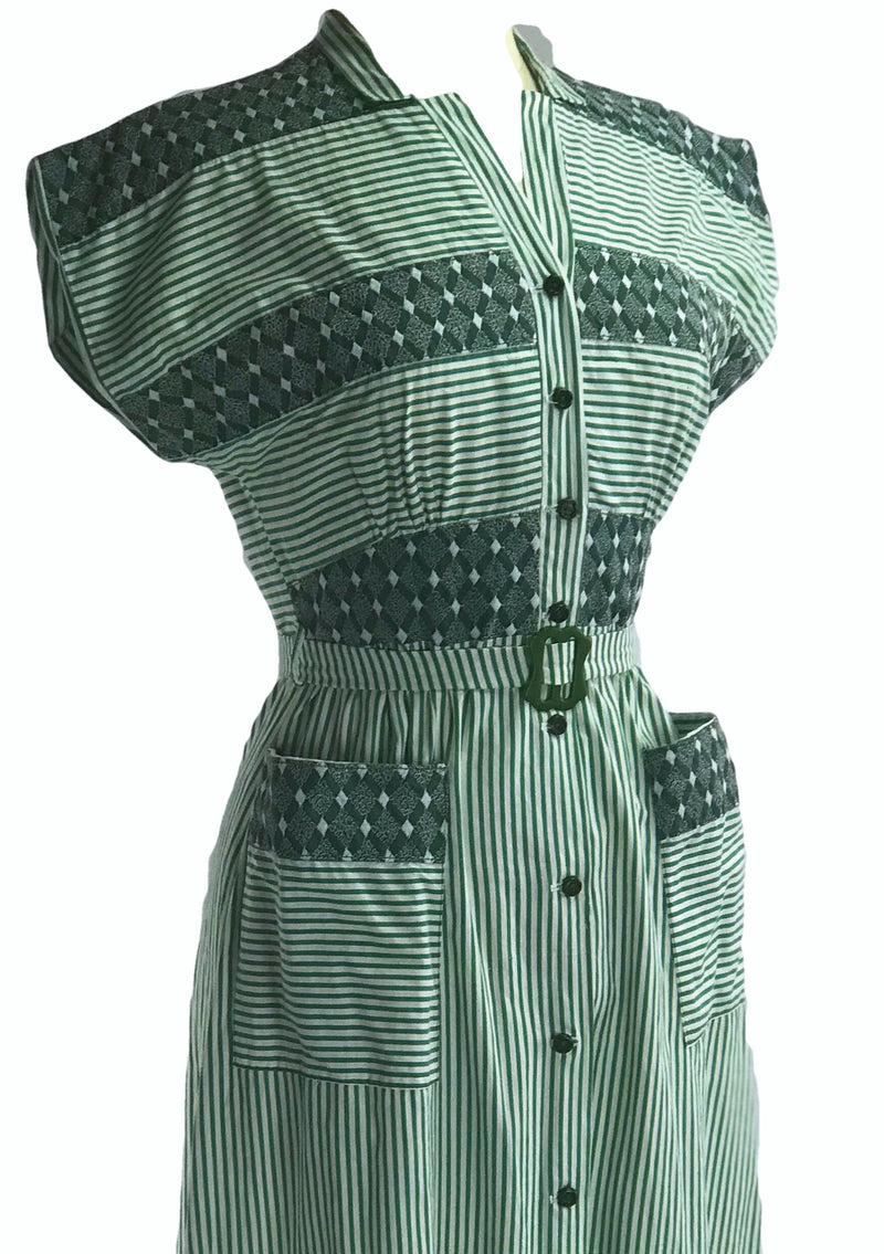 Late 1940s Early 1950s Green & Ivory Stripe Dress- New! (ON HOLD)