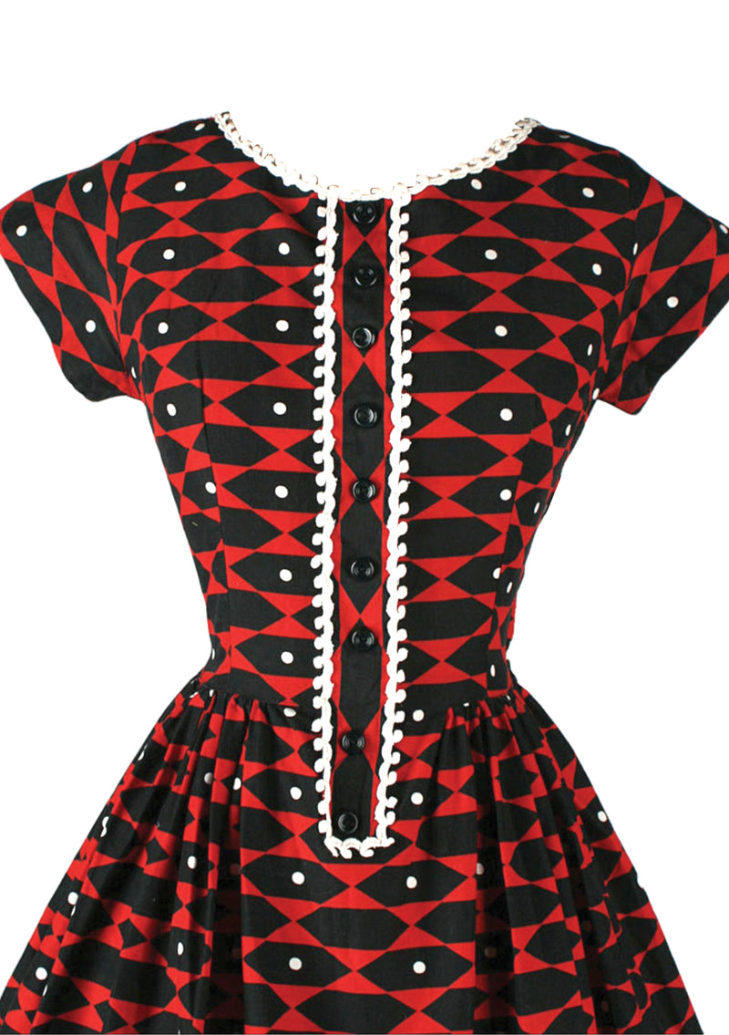 Vintage 1950s Red/Black Geometric Print Dress- New! (
