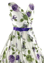 Beautiful Late 1950s to Early 1960s Lavender Roses Cotton Designer Dress- New!