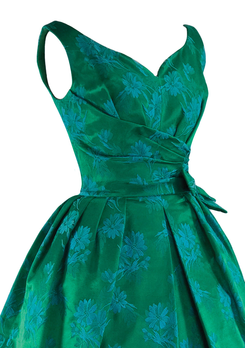 Late 1950s Early 1960s Green Floral Brocade Party Dress- New!