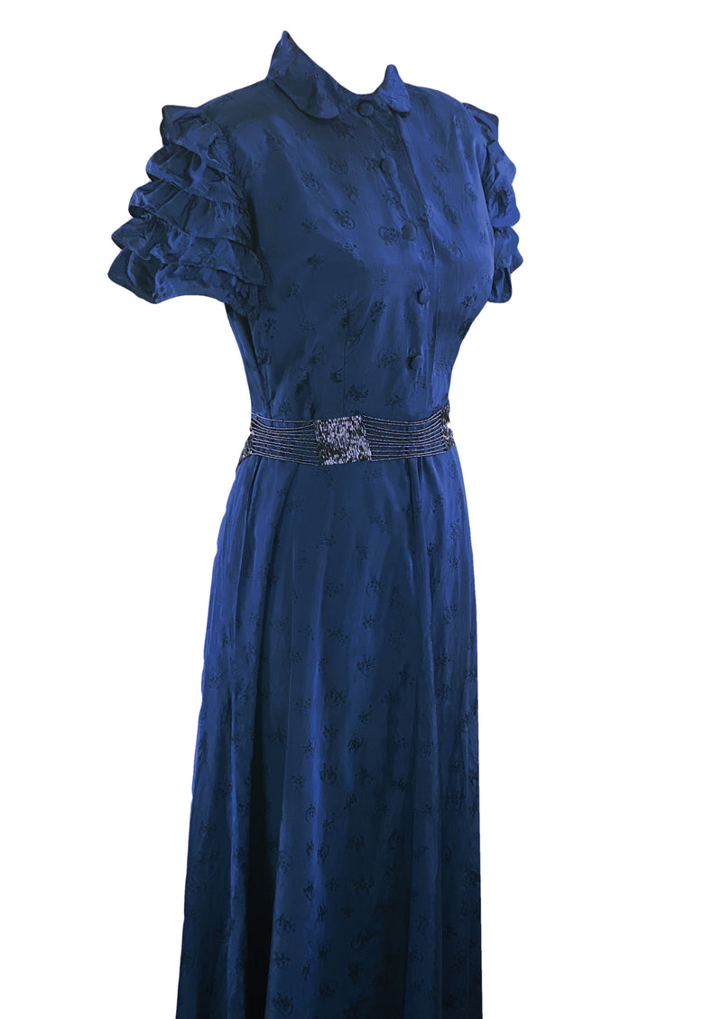 Late 1930s Early 1940s Indigo Blue Taffeta Maxi Dress - NEW!