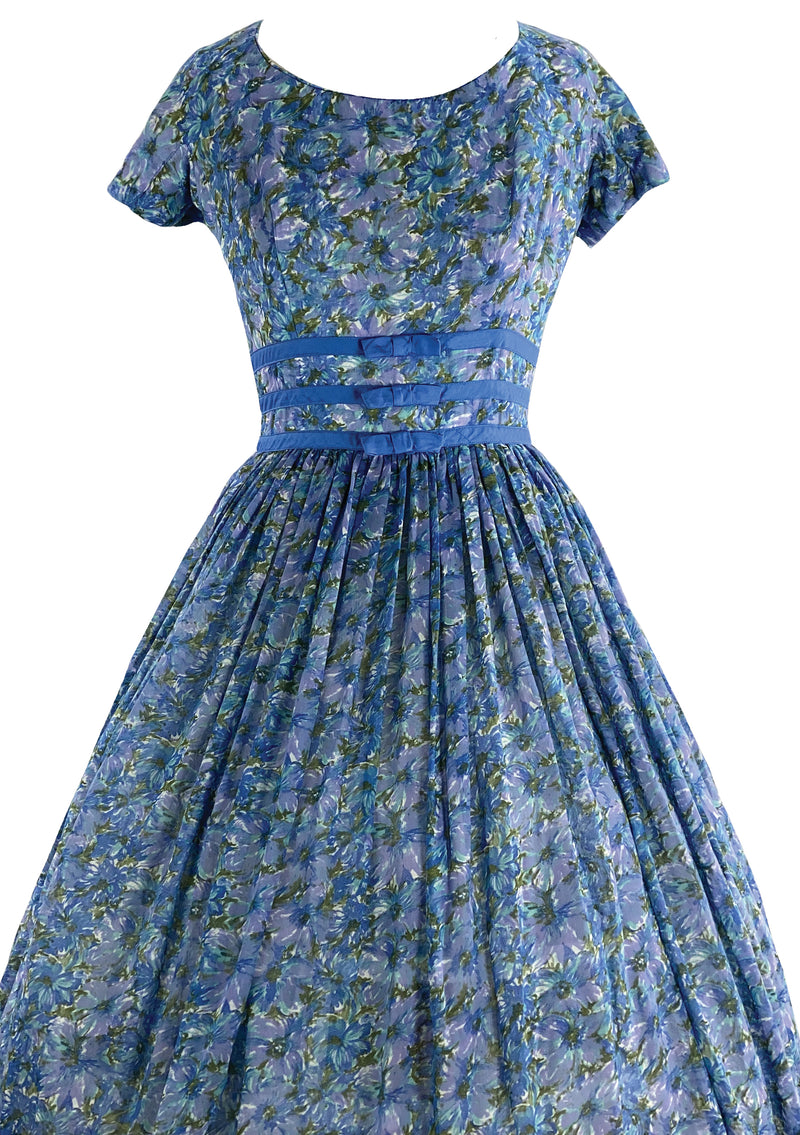 1950s Blue Floral Cotton Voile Dress - New!