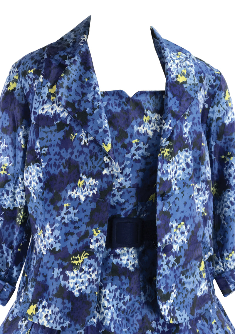 Late 1950 -60s Blue Floral Cotton Dress Ensemble - New!
