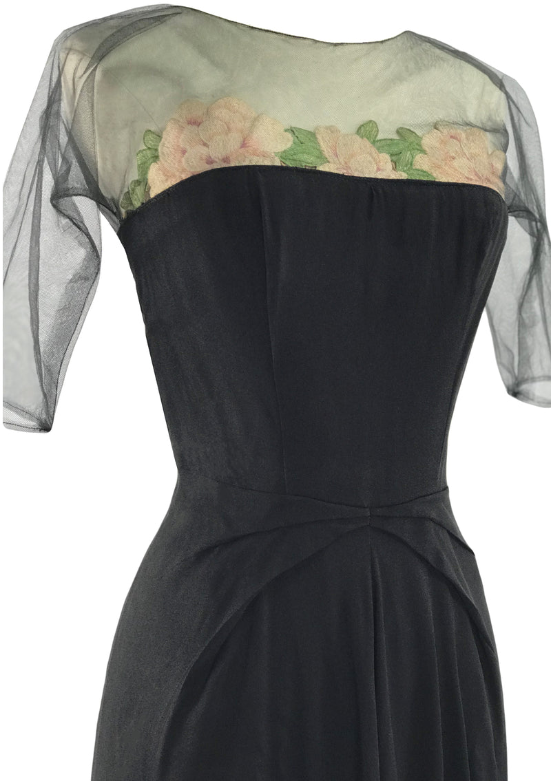 Rare 1940s Black Rayon Couture Dress with Embroidered Roses - New!