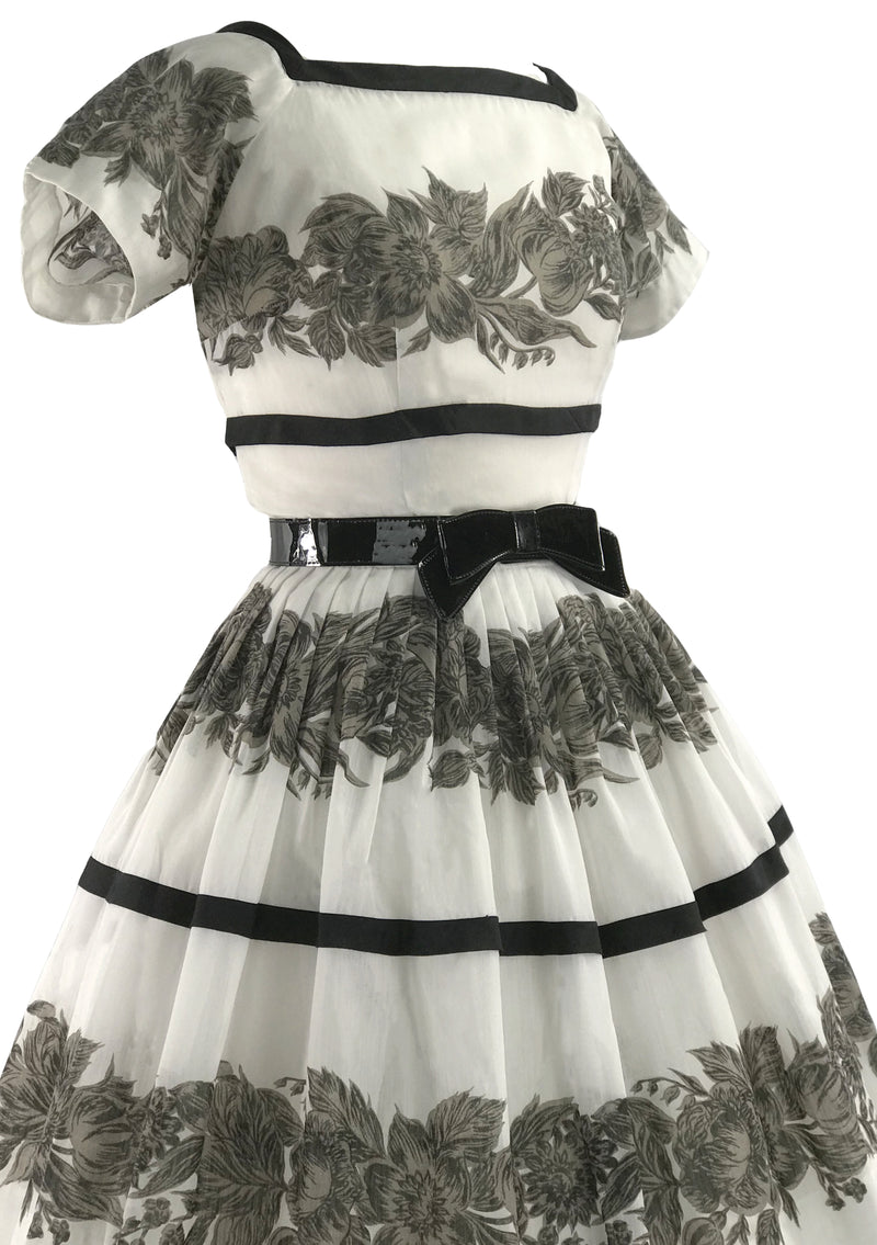 Vintage 1950s Black & White Rose Floral Border Print Dress- New!