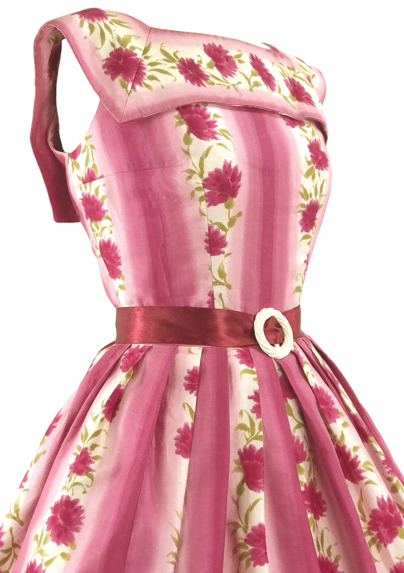 Vintage 1950s Pink Carnations & Stripes Cotton Dress - New!