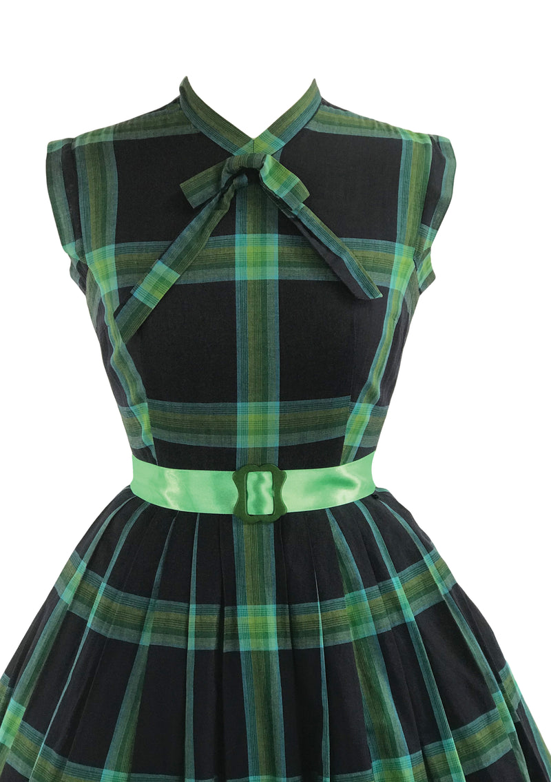 Vintage 1950s Black & Green Plaid Cotton Dress- New!