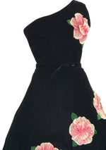 1950s Designer Black Velvet 3D Rose Appliques Dress - New!