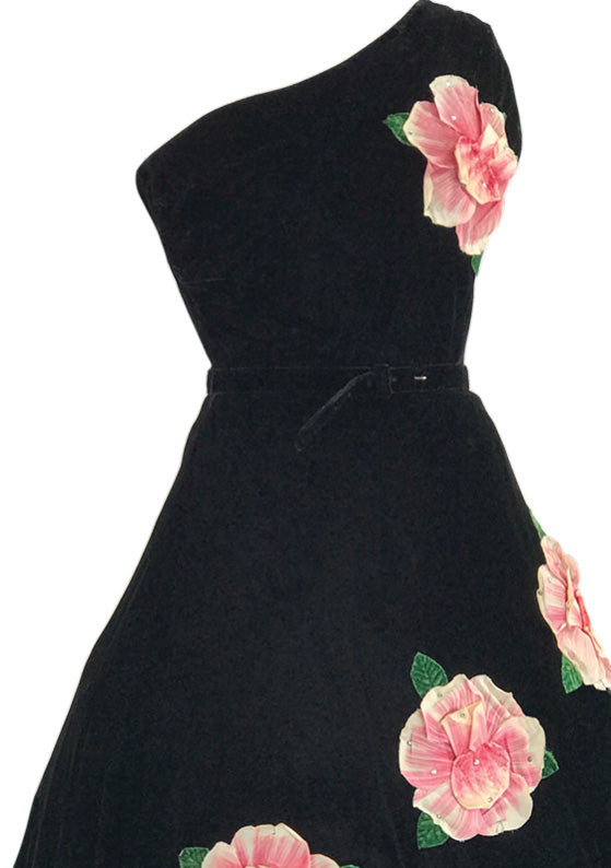 1950s Designer Black Velvet 3D Rose Appliques Dress - New!