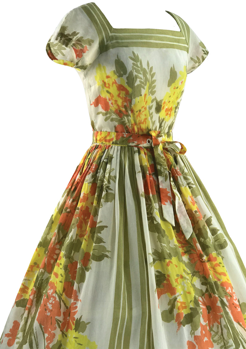 1950s Yellow and Green Floral Jerry Gilden Dress - New!