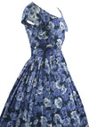 Late 1950s Early 1960s Blue Anemone Print Cotton Dress - New!