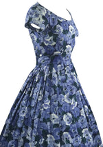 Late 1950s Early 1960s Blue Anemone Print Cotton Dress - New!