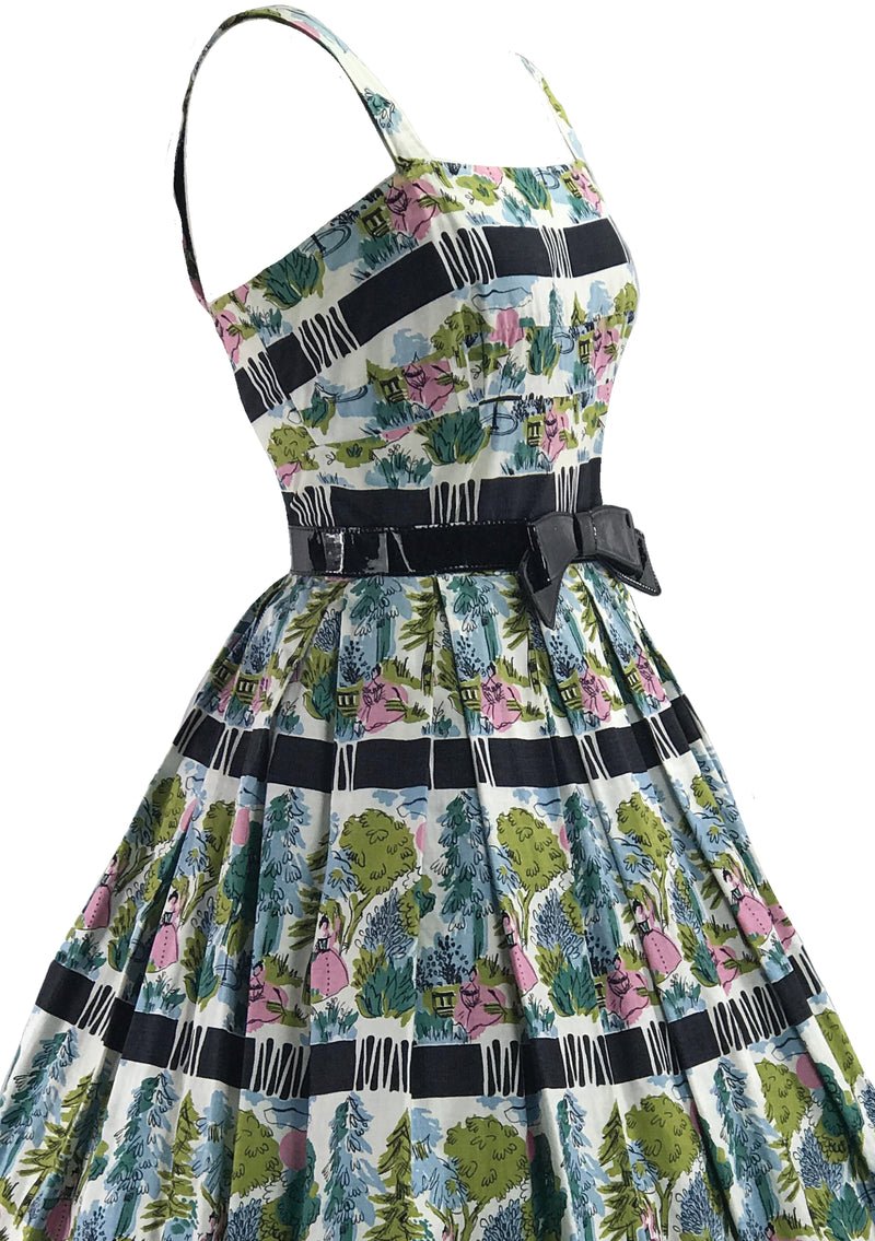 Vintage 1950s Bucolic Novelty Print Cotton Dress- New!