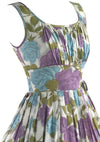 Late 1950s Early 1960s Lilac & Blue Rose Cotton Dress - New!