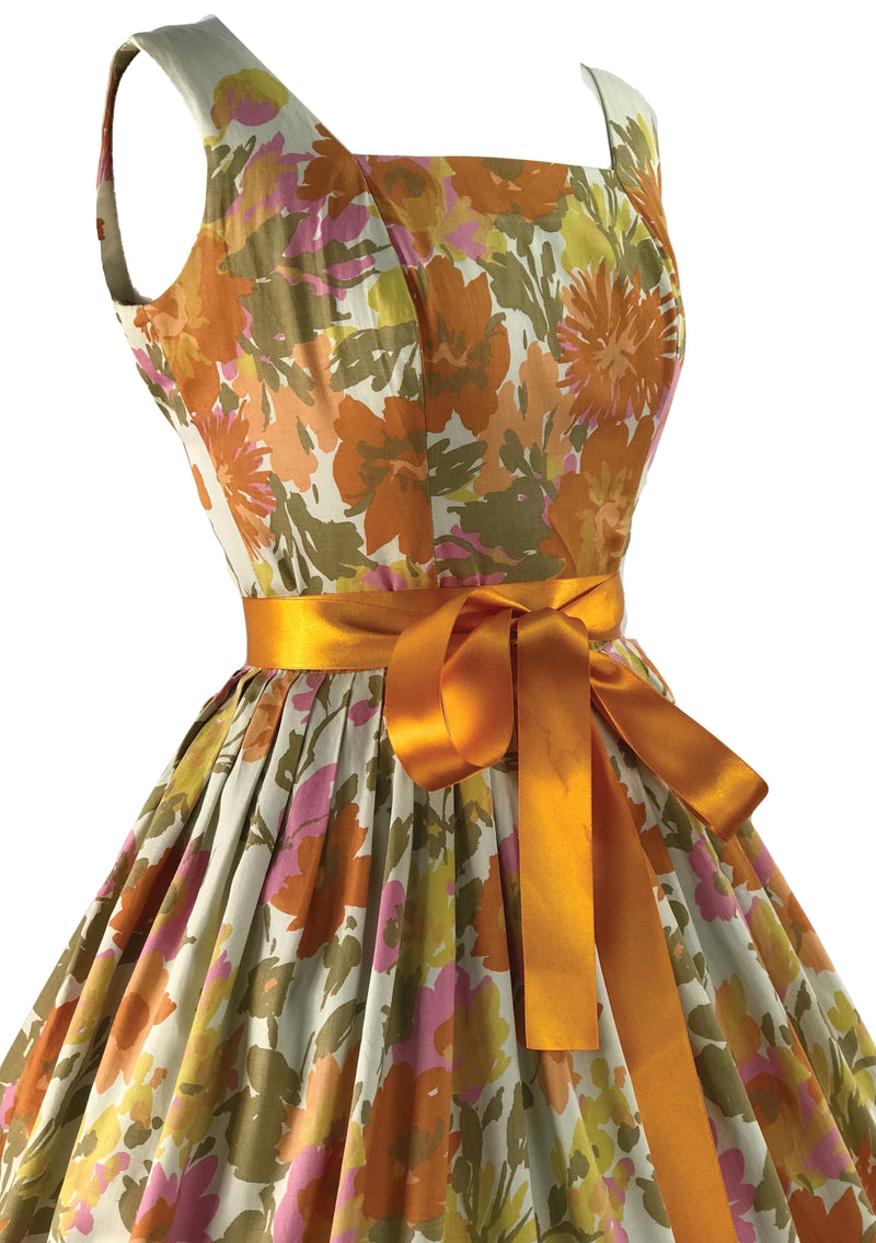 Vintage 1950s Tangerine Orange Floral Cotton Dress  - New!