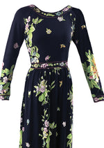 Vintage 1970s Black Floral Jersey Designer Maxi Dress - NEW!