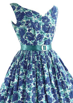 Vintage 1950s Turquoise and Blue Roses Dress - New!