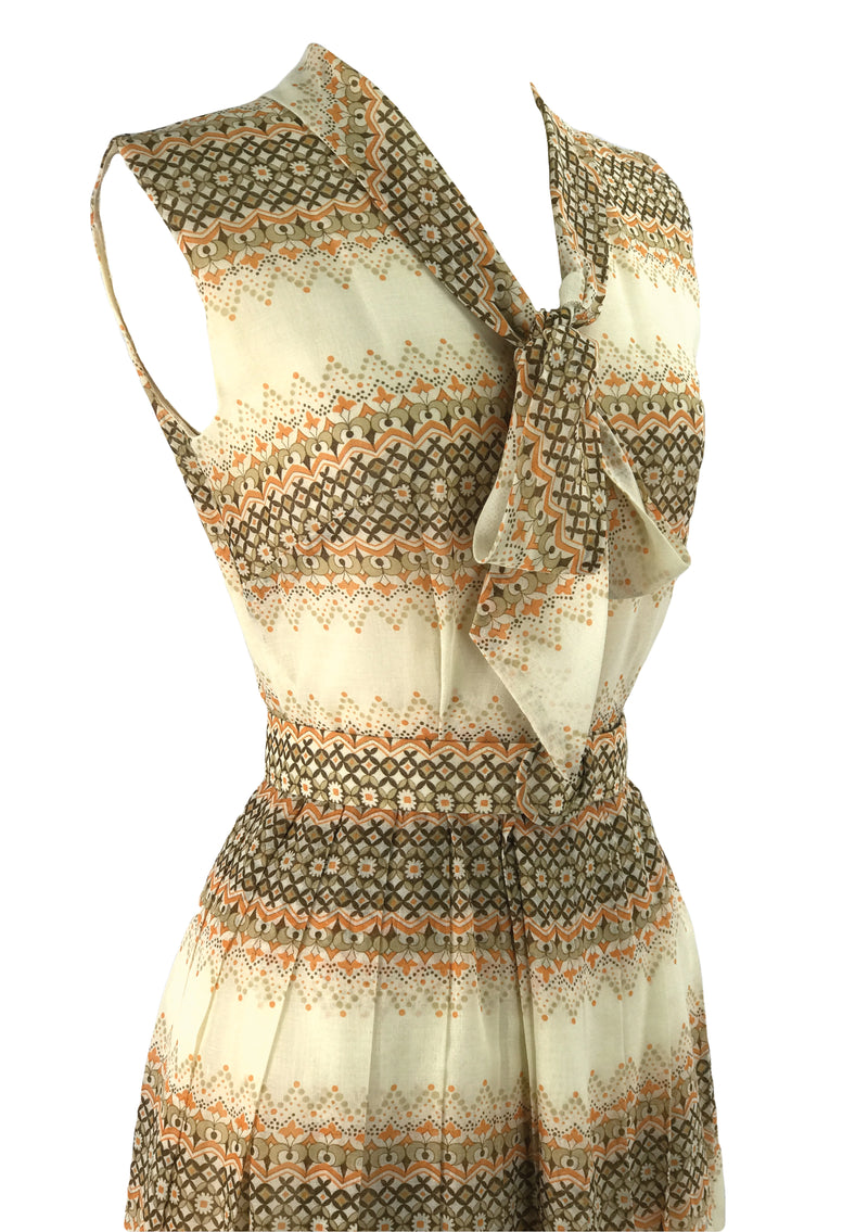 Vintage 1960s Mod Cream. Orange and Brown Cotton Dress - New!