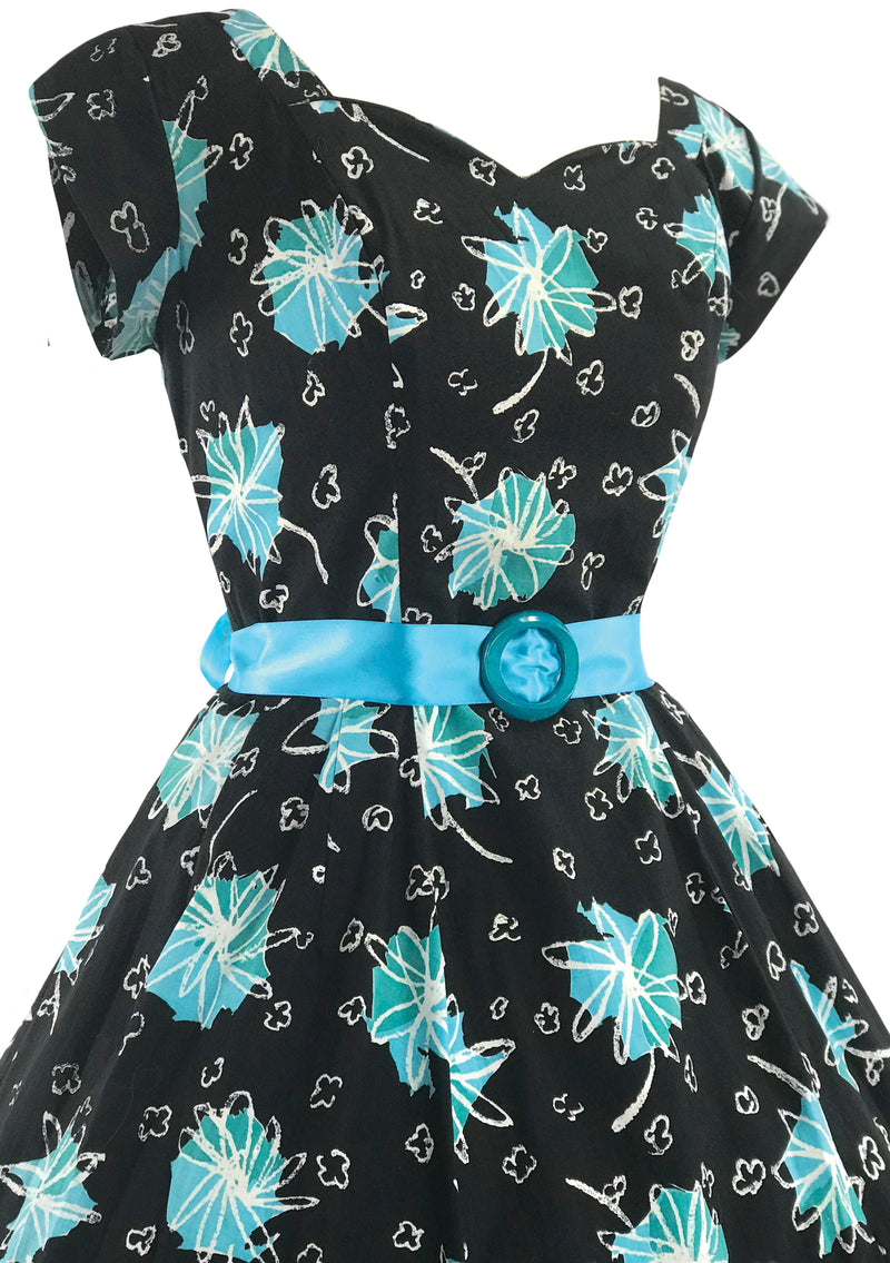1950s Black Cotton Dress with Blue Atomic Print - New!