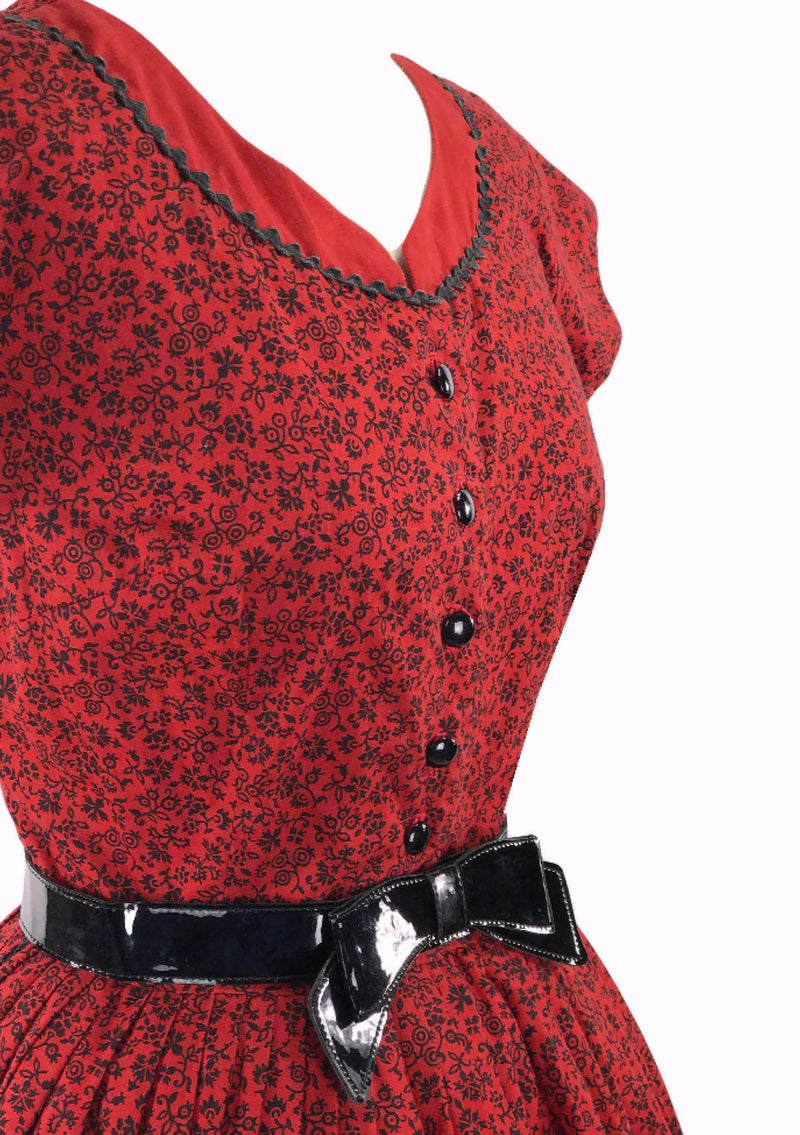 Original 1950s Red and Black Floral Cotton Day Dress - New!