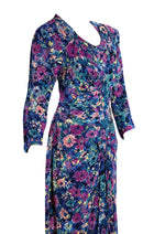 1940s Muted Blue and Purple Floral Rayon Jersey Dress - New!