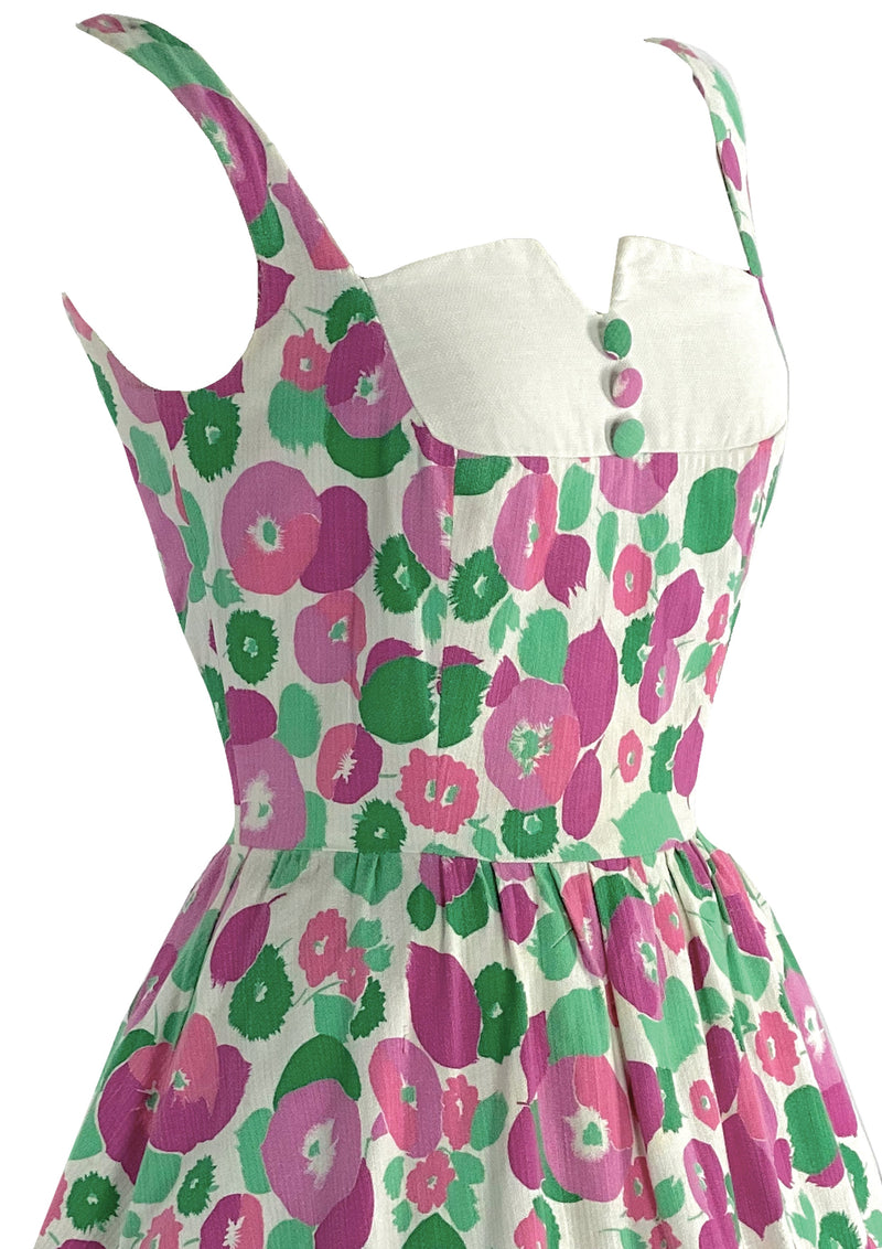 Late 1950s Early 1960s Pink and Jade Floral Cotton Sundress- New!