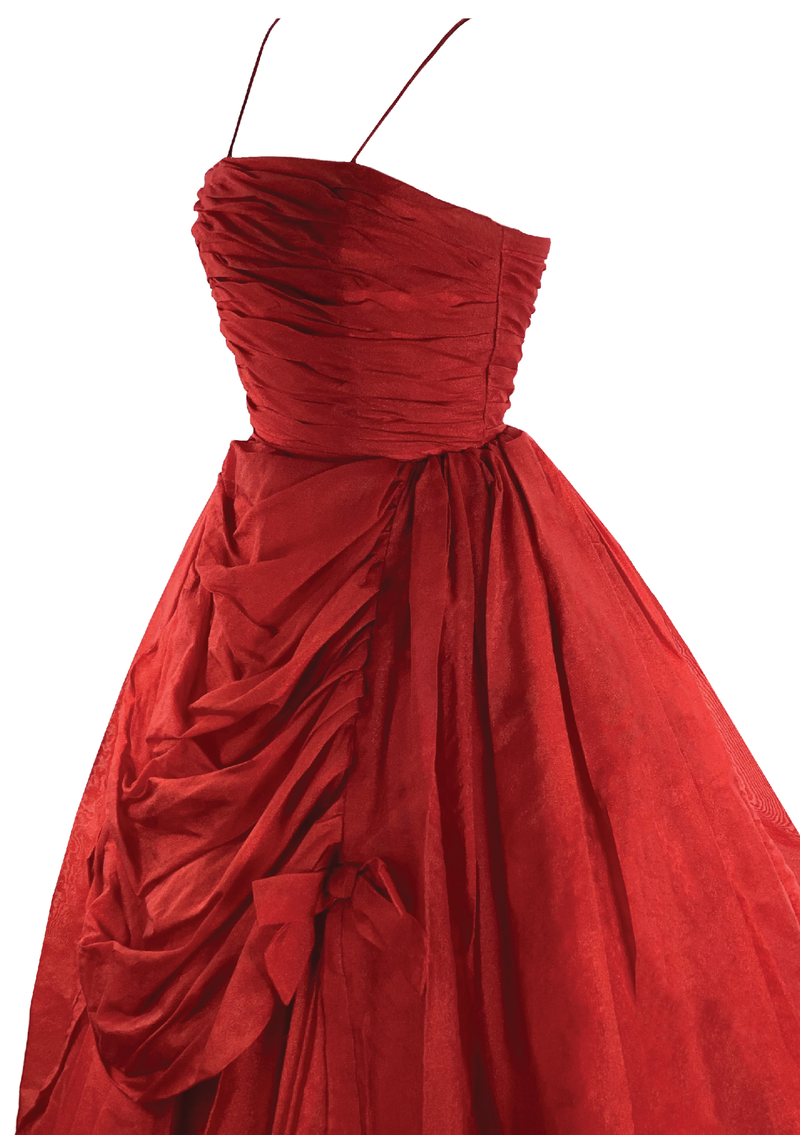 Stunning 1950s Red Organza Draped Cocktail Dress - New!
