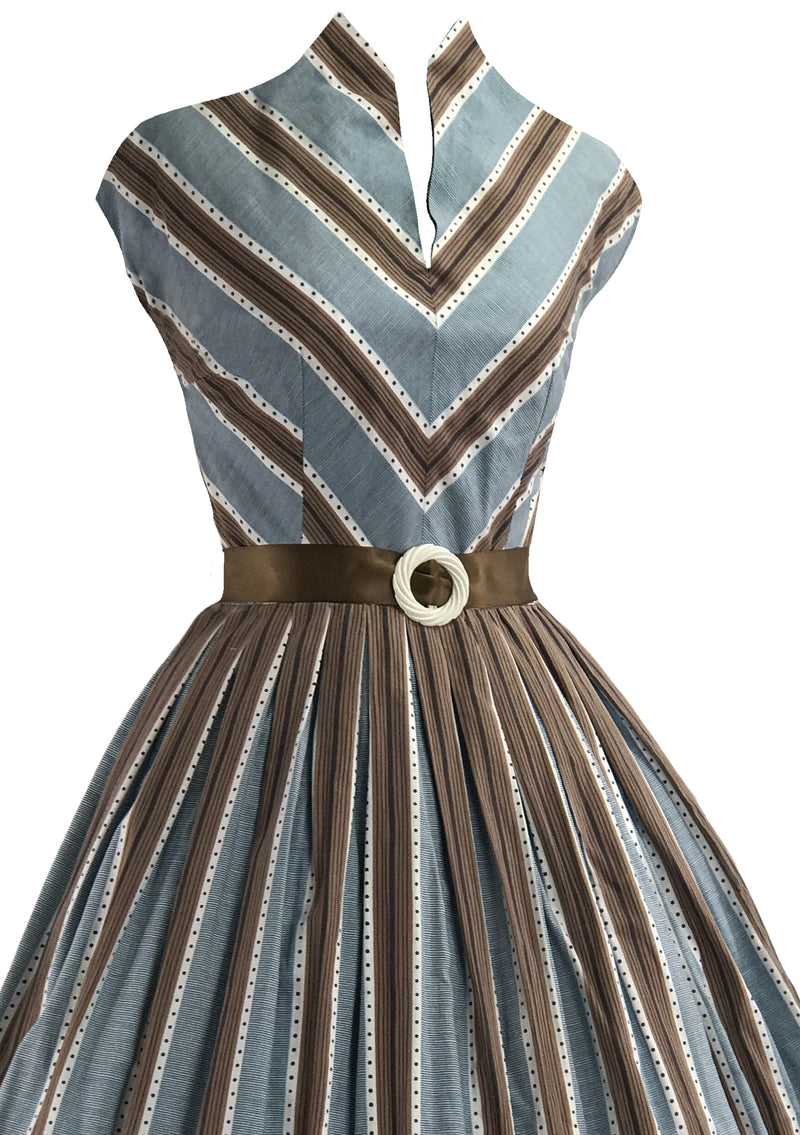 1950s Blue and Brown Striped Dress