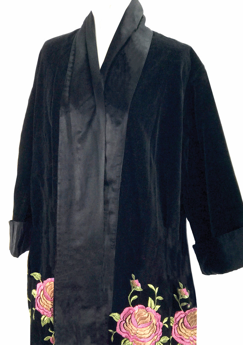 Vintage 1920s Black Velvet Coat with Pink Floral Embroidery  - New!