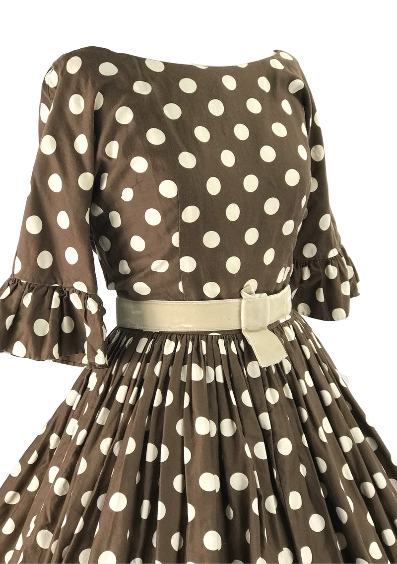 Late 1950s Cocoa Polka Dot Cotton Dress - New!