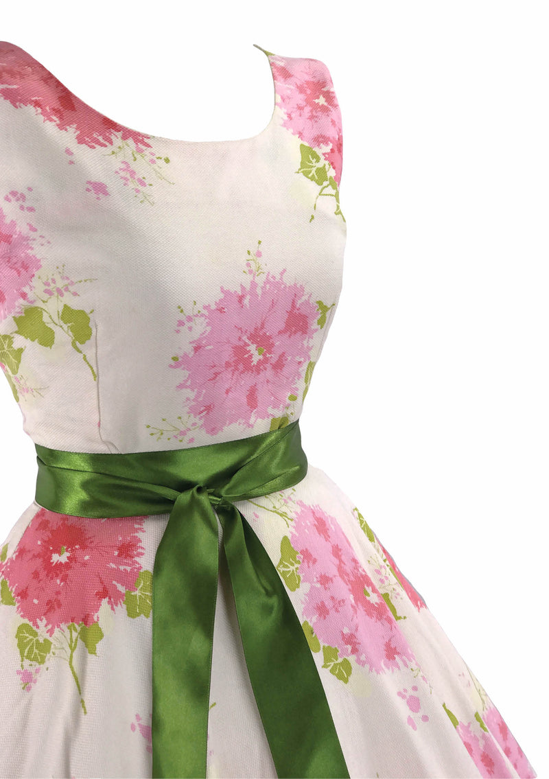 Original 1950s Large Pink Flowers Pique Cotton Dress - New