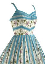 1950s Printed Blue Ribbon Stripes and Violets Dress- New!