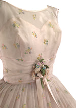 Original 1950s Peach Pink Flocked Floral Chiffon Party Dress - New!