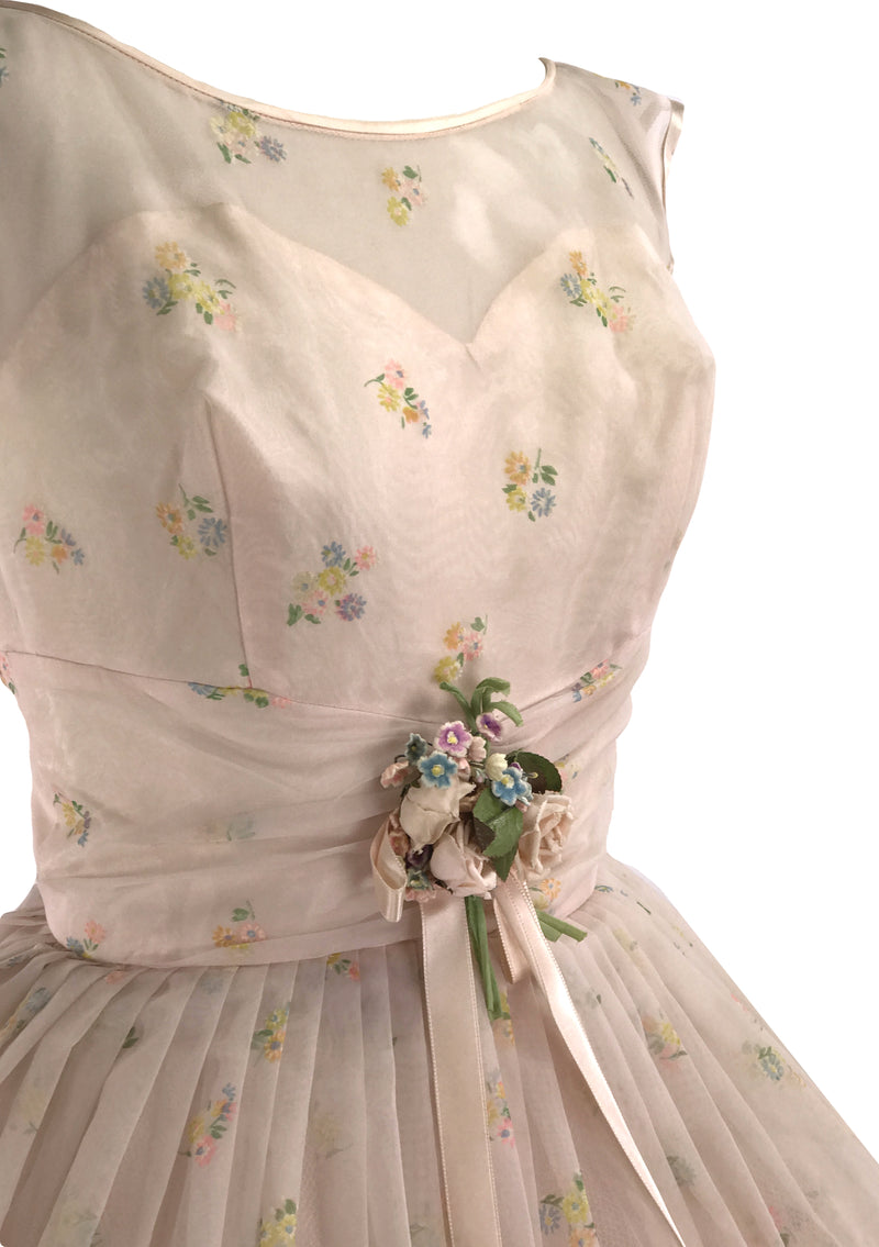 Original 1950s Peach Pink Flocked Floral Chiffon Party Dress - New!