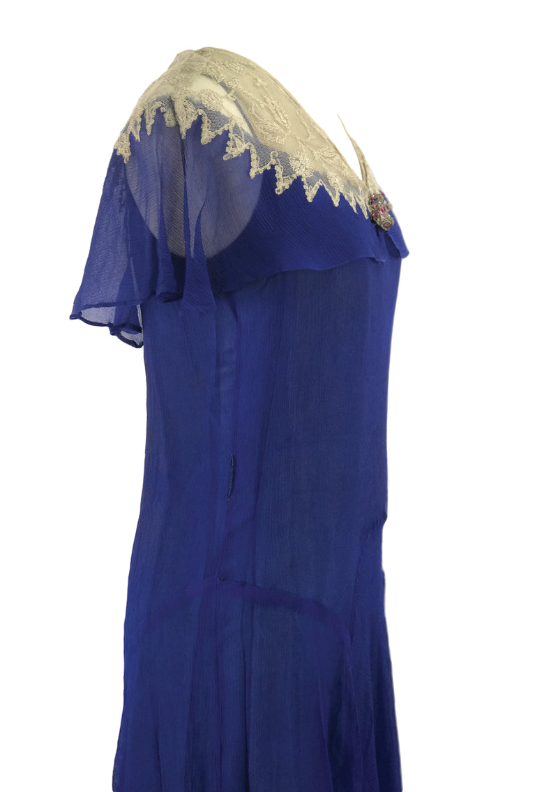 Genuine 1920s Sapphire Blue Crepe Dress - New!