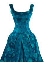 1950s Designer Frank Usher Teal Floral Brocade Cocktail Dress- New!