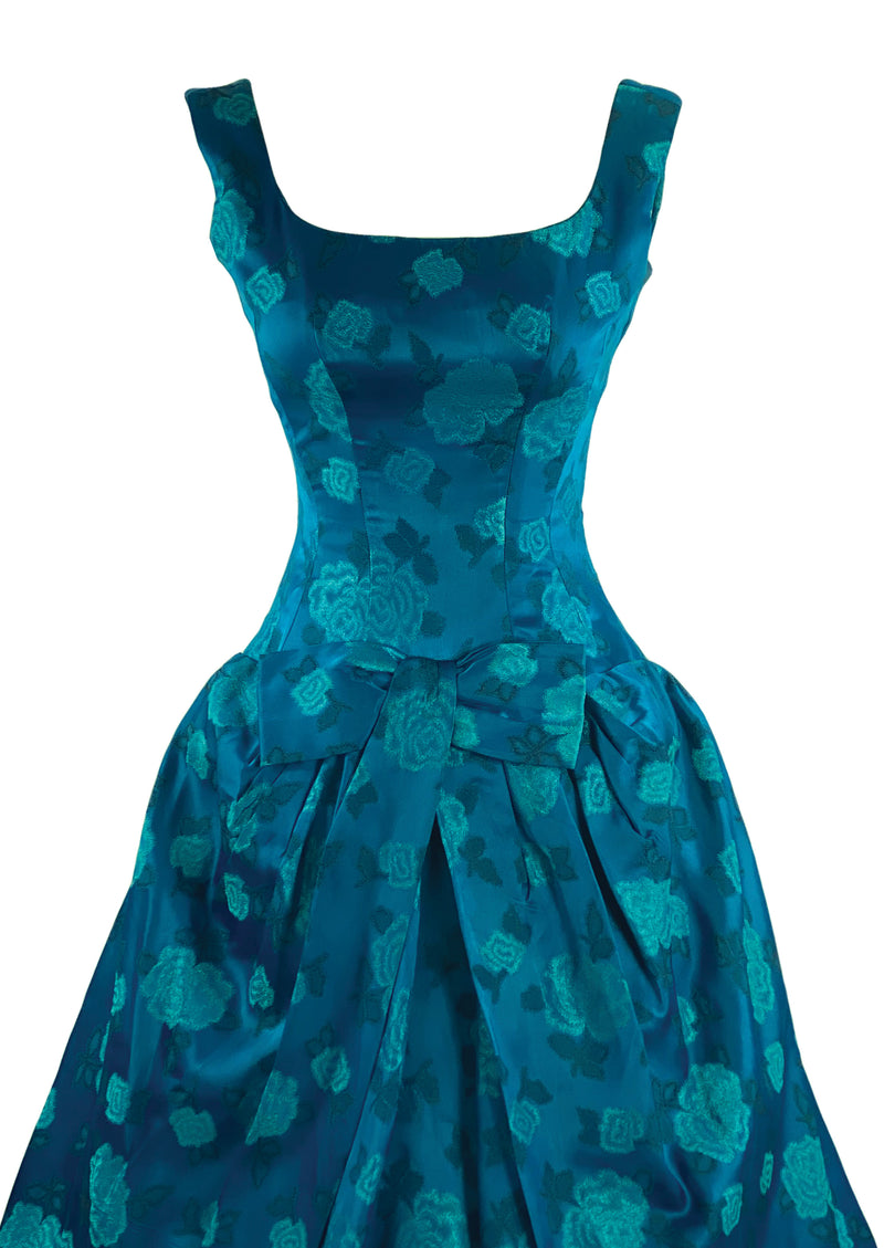1950s Designer Frank Usher Teal Floral Brocade Cocktail Dress- New!