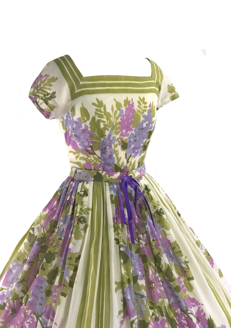 1950s Jerry Gilden Designer Lilac Border Floral Dress- New